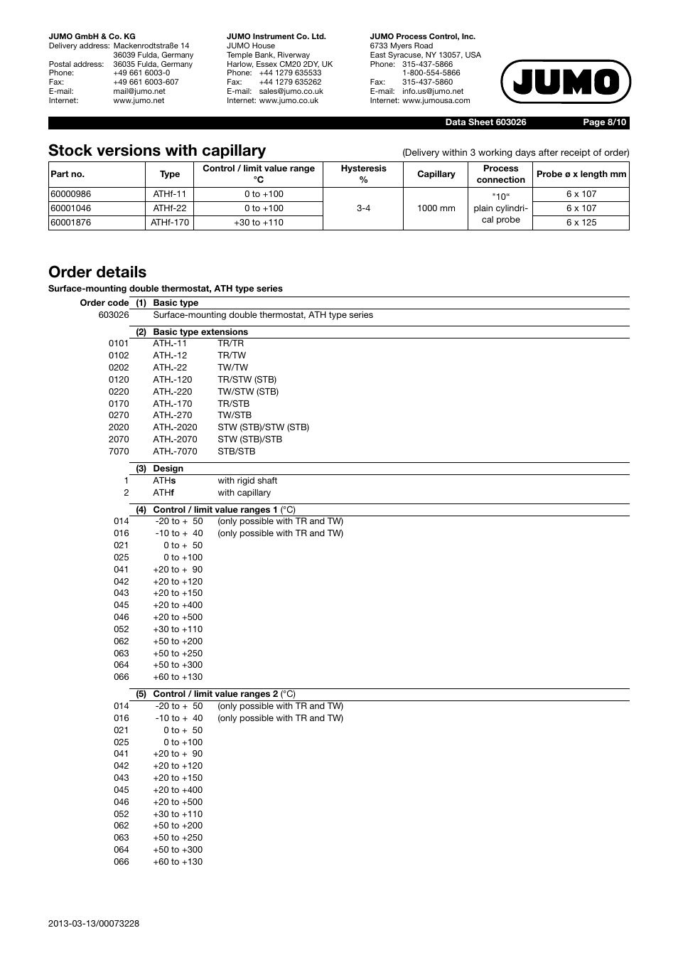 Stock versions with capillary, Order details | JUMO 603026 Surface-Mounted Double Thermostat ATH Data Sheet User Manual | Page 8 / 10