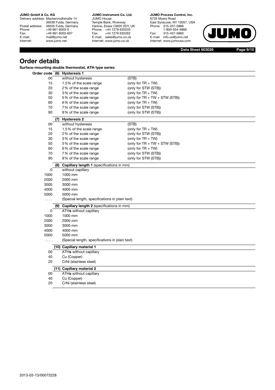 Order details | JUMO 603026 Surface-Mounted Double Thermostat ATH Data Sheet User Manual | Page 9 / 10