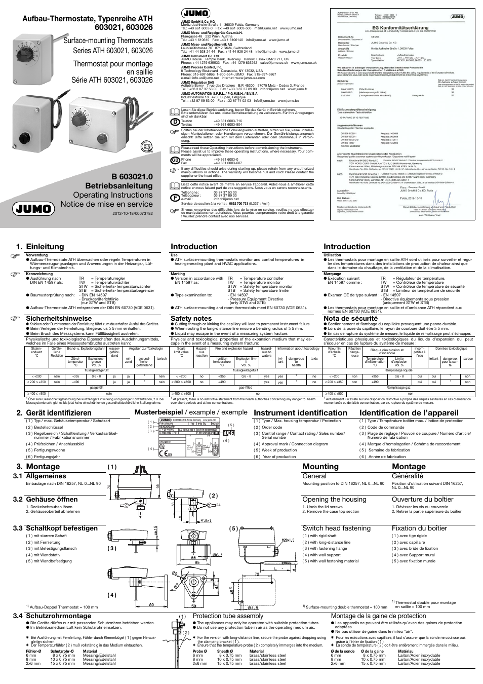 JUMO 603021 Surface-Single Mounted Thermostat, ATH series Operating Manual User Manual | 2 pages