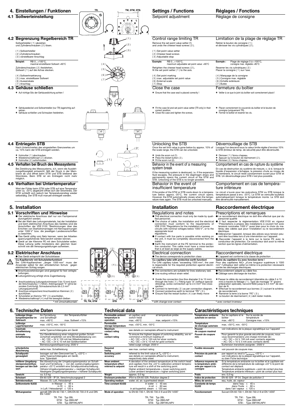 Einstellungen / funktionen, Settings / functions réglages / fonctions, Installation installation raccordement électrique | Control range limiting tr, Limitation de la plage de réglage tr, 3 gehäuse schließen, Close the case, Fermeture du boîtier, 4 entriegeln stb, Unlocking the stb | JUMO 603021 Surface-Single Mounted Thermostat, ATH series Operating Manual User Manual | Page 2 / 2