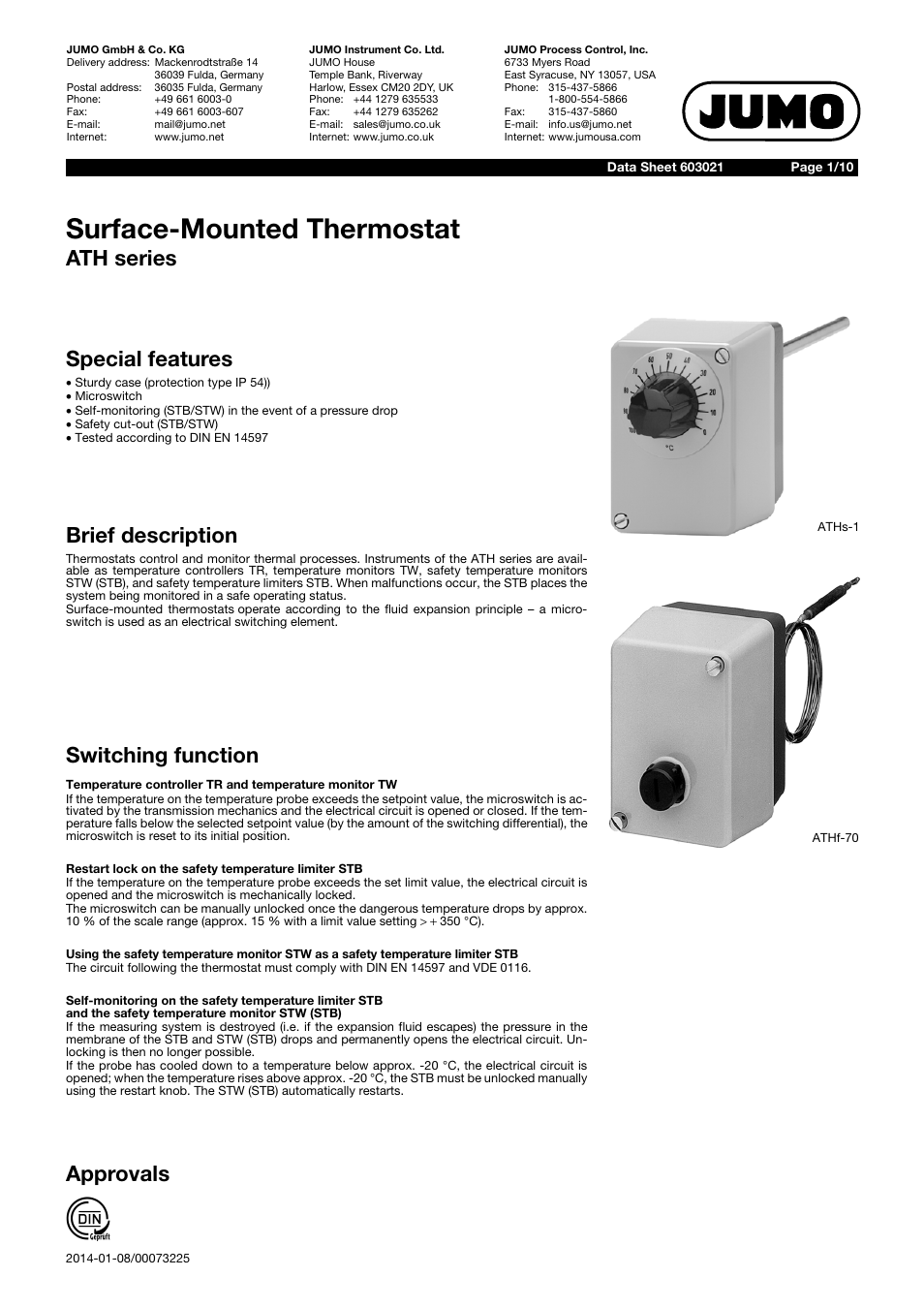 JUMO 603021 Surface-Single Mounted Thermostat, ATH series Data Sheet User Manual | 10 pages