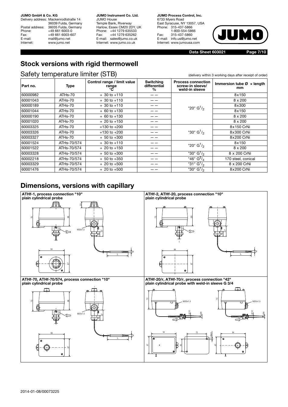 Dimensions, versions with capillary | JUMO 603021 Surface-Single Mounted Thermostat, ATH series Data Sheet User Manual | Page 7 / 10