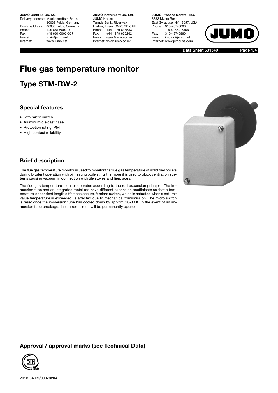 JUMO 60.1540 Flue gas temperature monitor, STM-RW-2 Data Sheet User Manual | 4 pages
