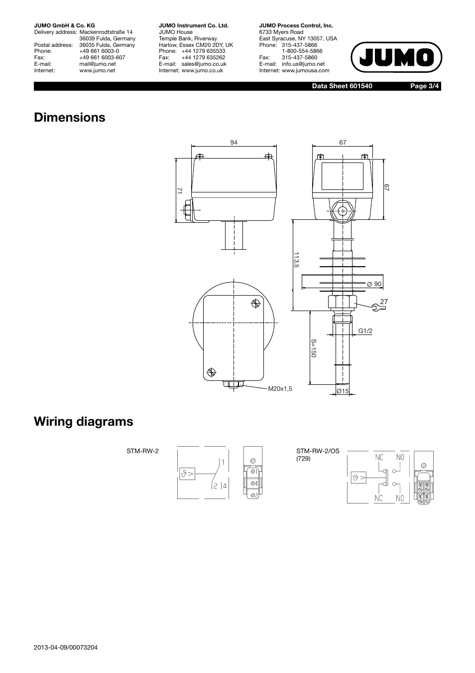Dimensions wiring diagrams | JUMO 60.1540 Flue gas temperature monitor, STM-RW-2 Data Sheet User Manual | Page 3 / 4