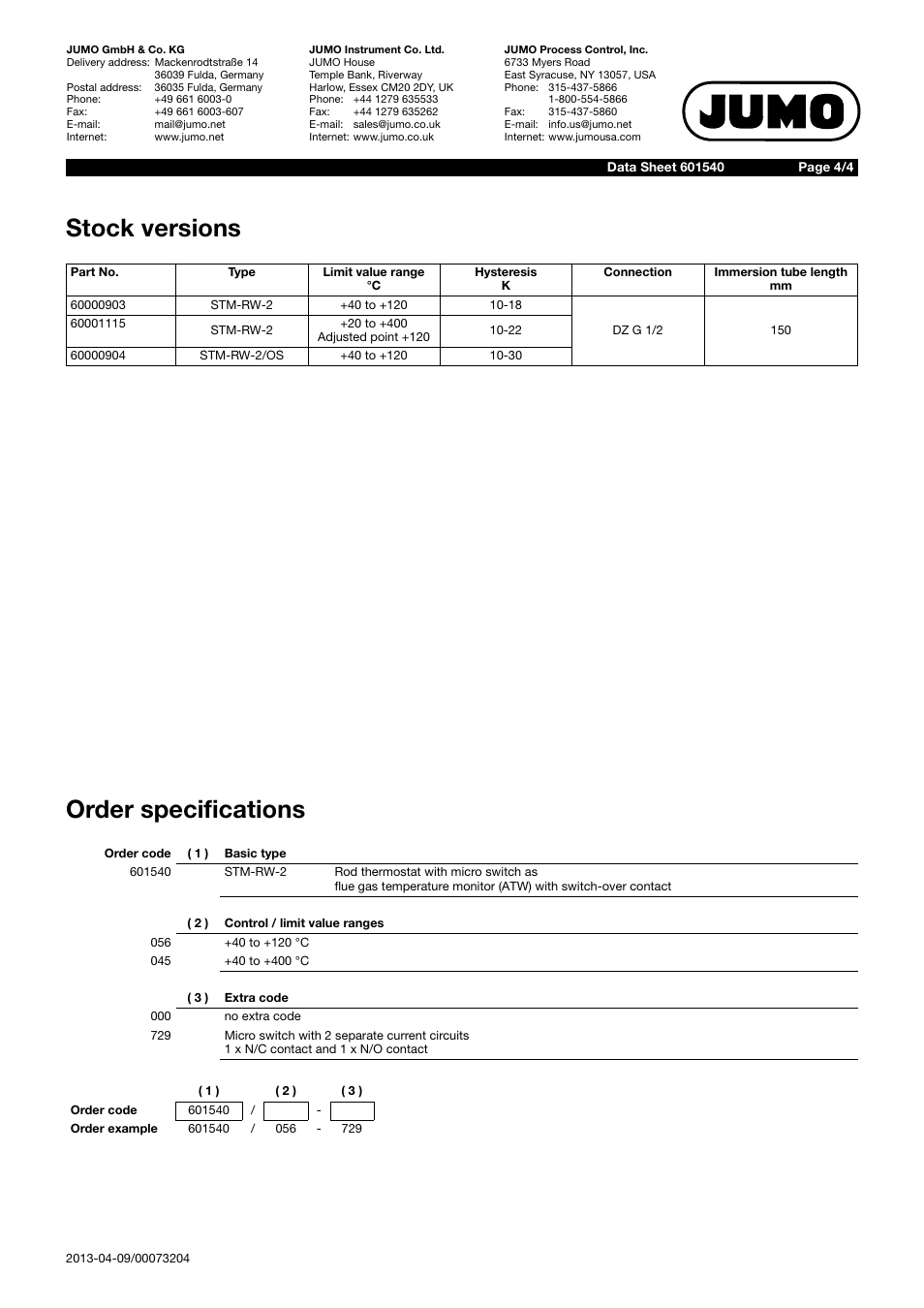 Stock versions order specifications | JUMO 60.1540 Flue gas temperature monitor, STM-RW-2 Data Sheet User Manual | Page 4 / 4