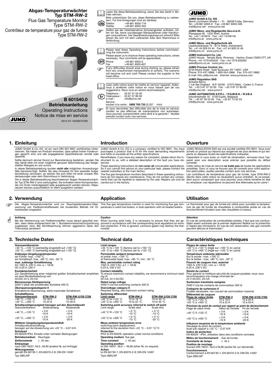 JUMO 60.1540 Flue gas temperature monitor, STM-RW-2 Operating Manual User Manual | 2 pages