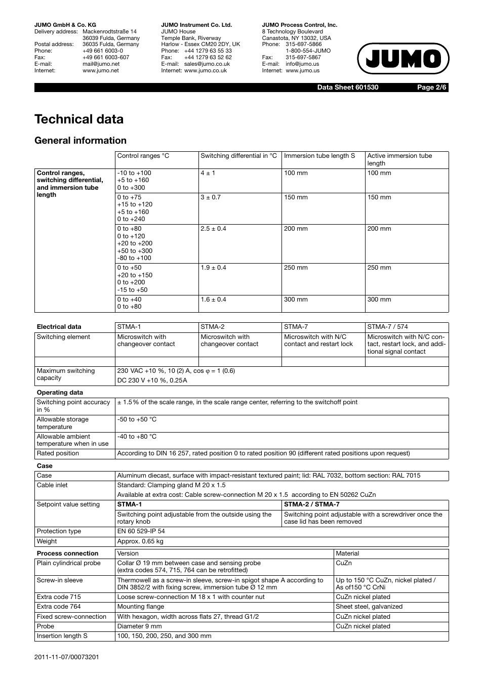 Technical data, General information | JUMO 601530 Rod Thermostat Data Sheet User Manual | Page 2 / 6