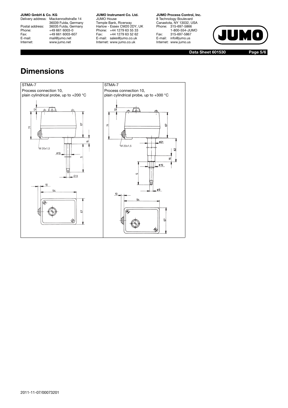Dimensions | JUMO 601530 Rod Thermostat Data Sheet User Manual | Page 5 / 6