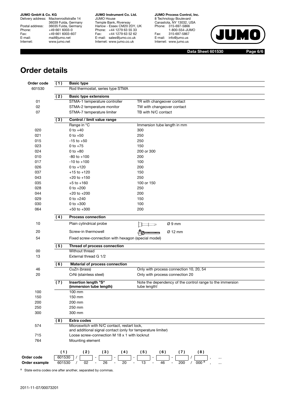 Order details | JUMO 601530 Rod Thermostat Data Sheet User Manual | Page 6 / 6