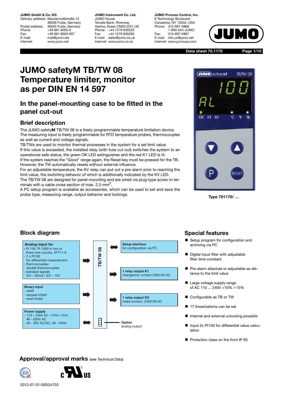 JUMO 14597 safetyM TB/TW08 Temperature Limiter and Temperature Monitor Data Sheet User Manual | 10 pages