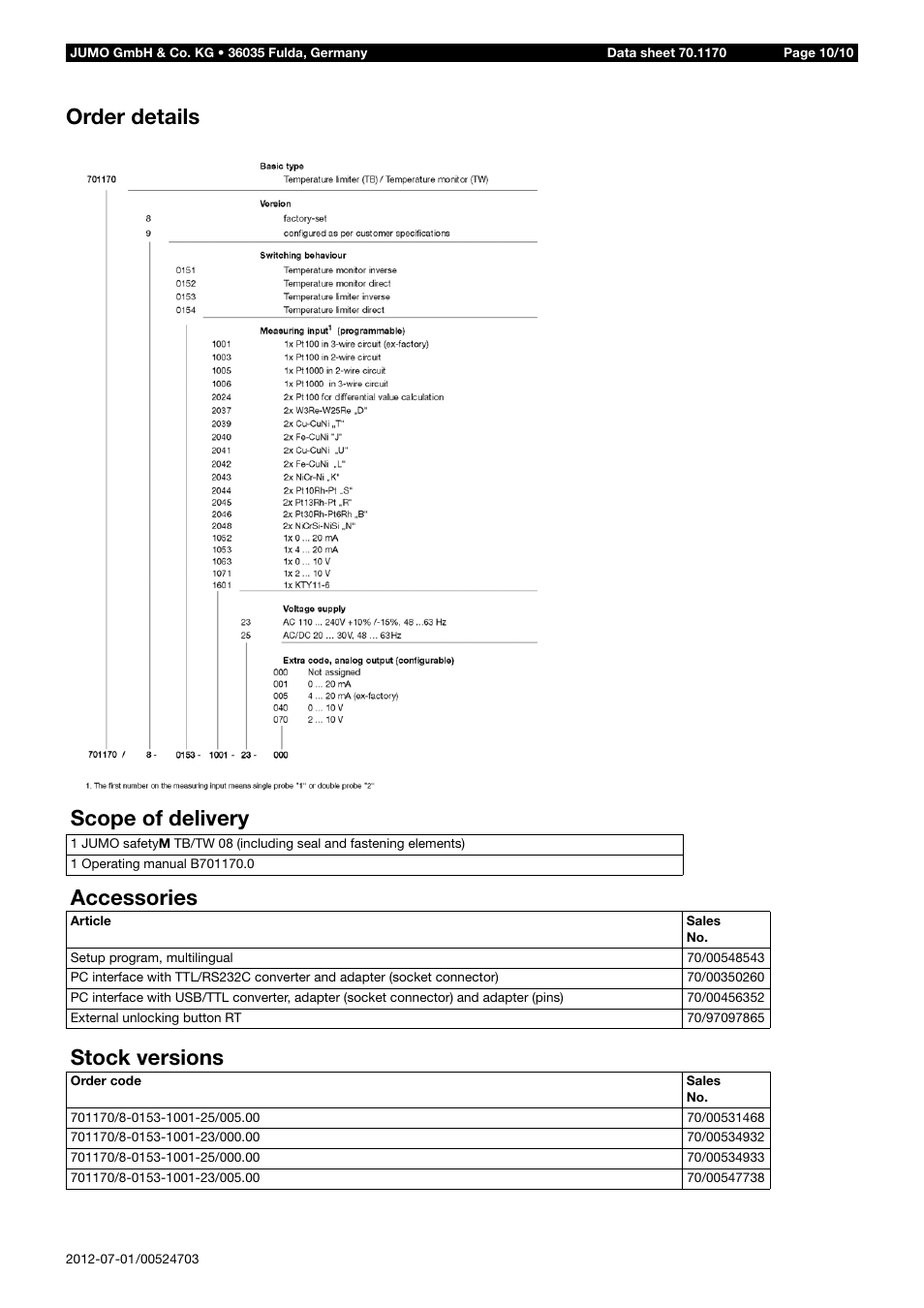 Order details scope of delivery, Accessories, Stock versions | JUMO 14597 safetyM TB/TW08 Temperature Limiter and Temperature Monitor Data Sheet User Manual | Page 10 / 10