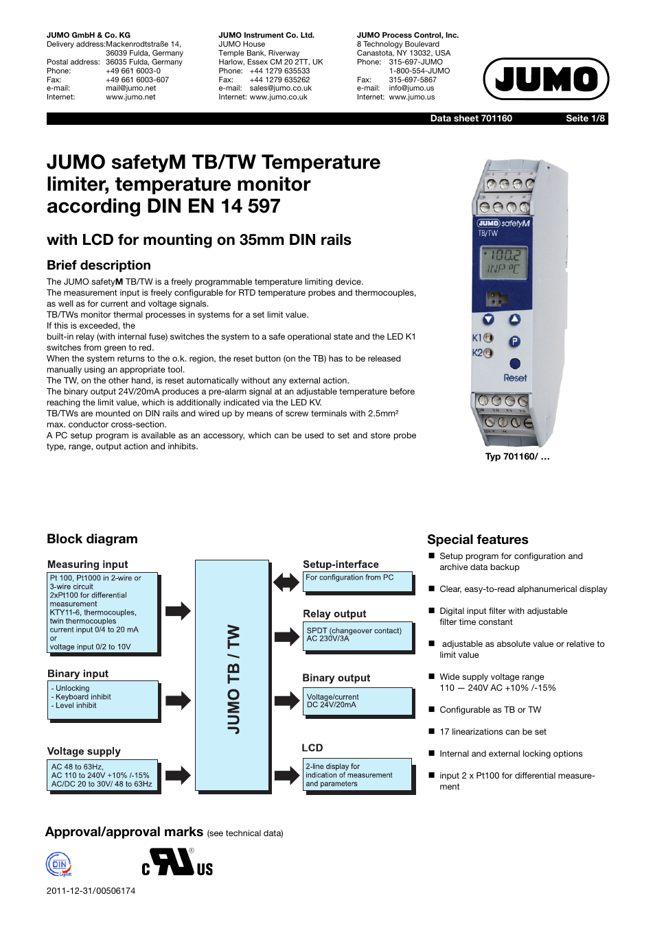 JUMO 14597 safetyM TB/TW - Temperature Limiter and Temperature Monitor Data Sheet User Manual | 8 pages