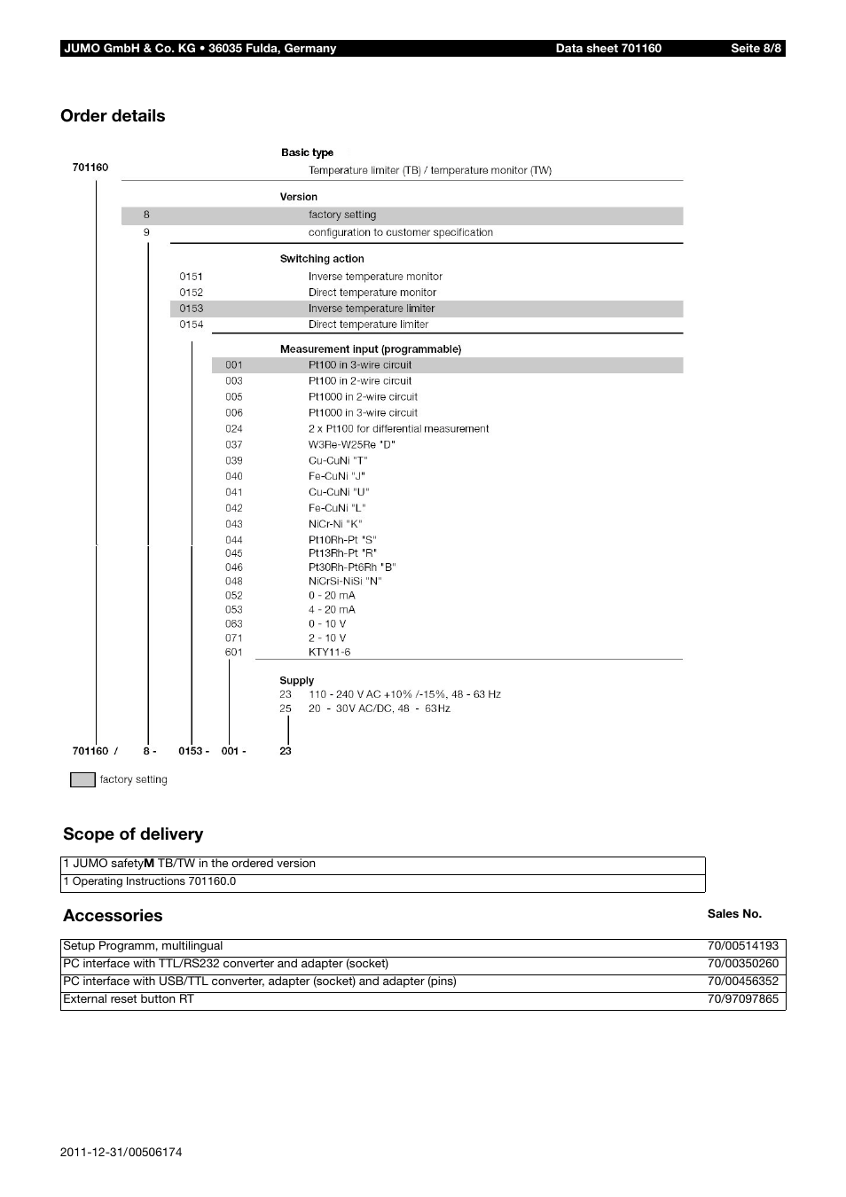 Order details scope of delivery, Accessories | JUMO 14597 safetyM TB/TW - Temperature Limiter and Temperature Monitor Data Sheet User Manual | Page 8 / 8