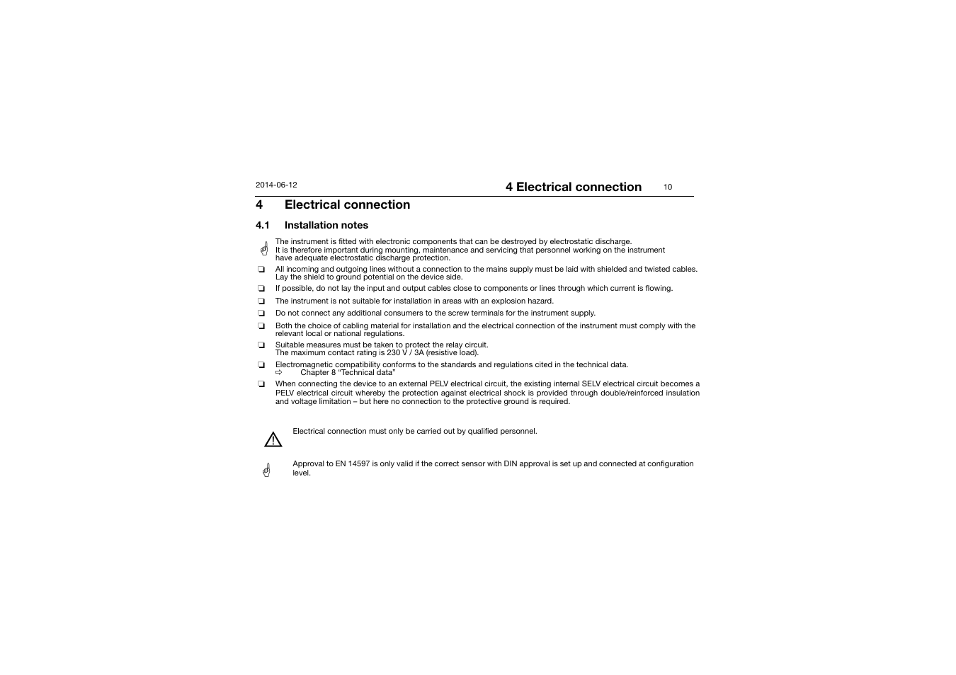 4 electrical connection, 1 installation notes, Electrical connection | Installation notes | JUMO 14597 safetyM TB/TW - Temperature Limiter and Temperature Monitor Operating Manual User Manual | Page 12 / 52