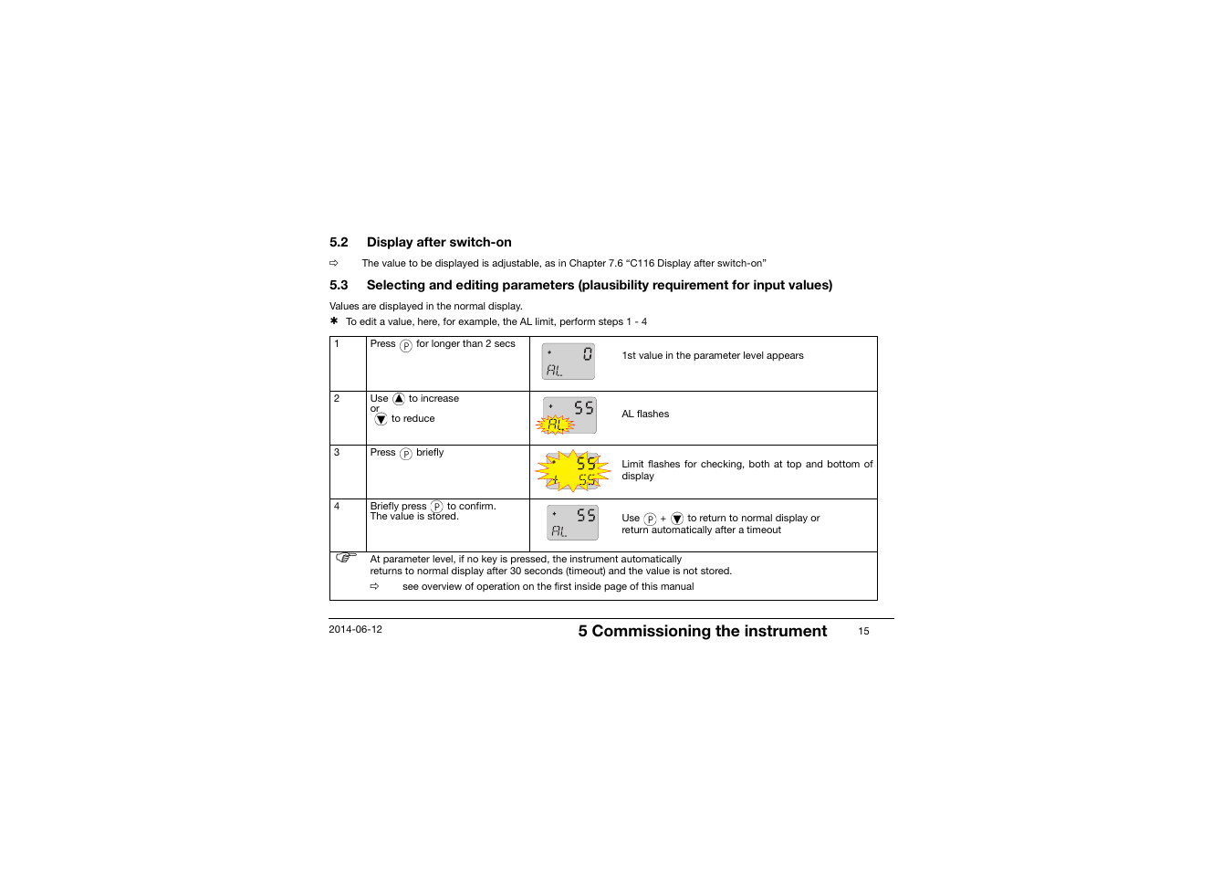 2 display after switch-on, Display after switch-on, 5 commissioning the instrument | JUMO 14597 safetyM TB/TW - Temperature Limiter and Temperature Monitor Operating Manual User Manual | Page 17 / 52