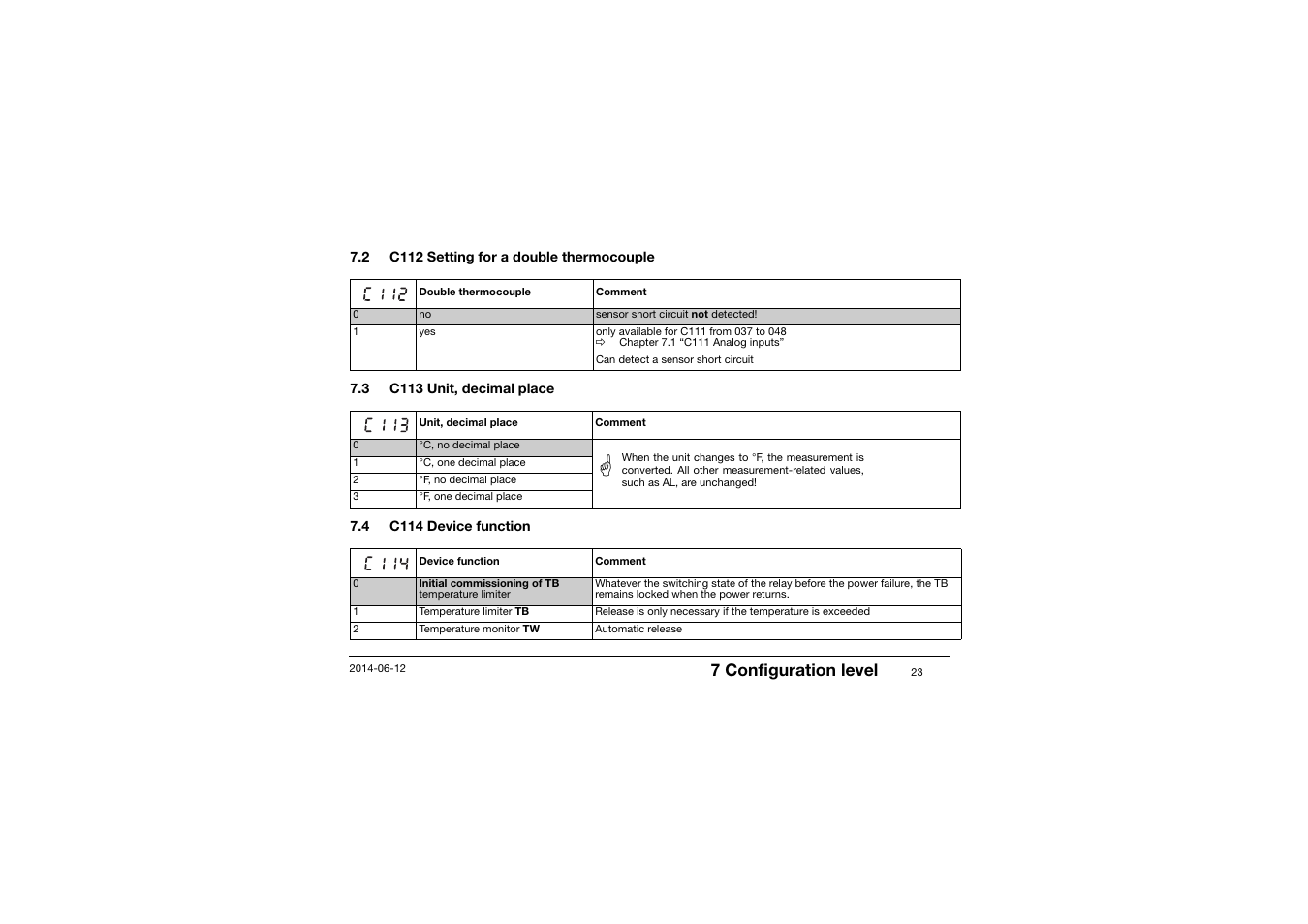 2 c112 setting for a double thermocouple, 3 c113 unit, decimal place, 4 c114 device function | C112 setting for a double thermocouple, C113 unit, decimal place, C114 device function, 7 configuration level | JUMO 14597 safetyM TB/TW - Temperature Limiter and Temperature Monitor Operating Manual User Manual | Page 25 / 52