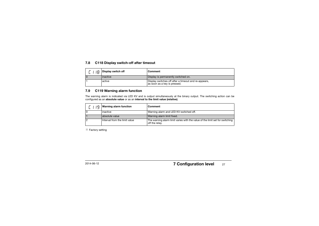 8 c118 display switch-off after timeout, 9 c119 warning alarm function, C118 display switch-off after timeout | C119 warning alarm function, 7 configuration level | JUMO 14597 safetyM TB/TW - Temperature Limiter and Temperature Monitor Operating Manual User Manual | Page 29 / 52