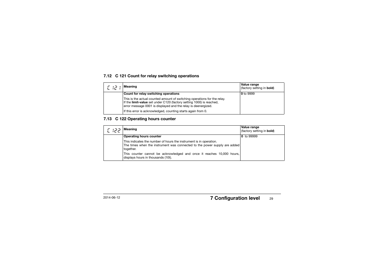 12 c 121 count for relay switching operations, 13 c 122 operating hours counter, 7 configuration level | JUMO 14597 safetyM TB/TW - Temperature Limiter and Temperature Monitor Operating Manual User Manual | Page 31 / 52