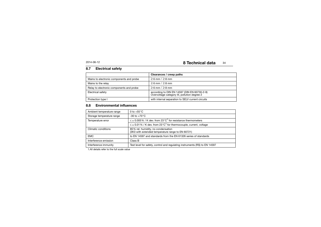 7 electrical safety, 8 environmental influences, Electrical safety | Environmental influences, 8 technical data | JUMO 14597 safetyM TB/TW - Temperature Limiter and Temperature Monitor Operating Manual User Manual | Page 36 / 52