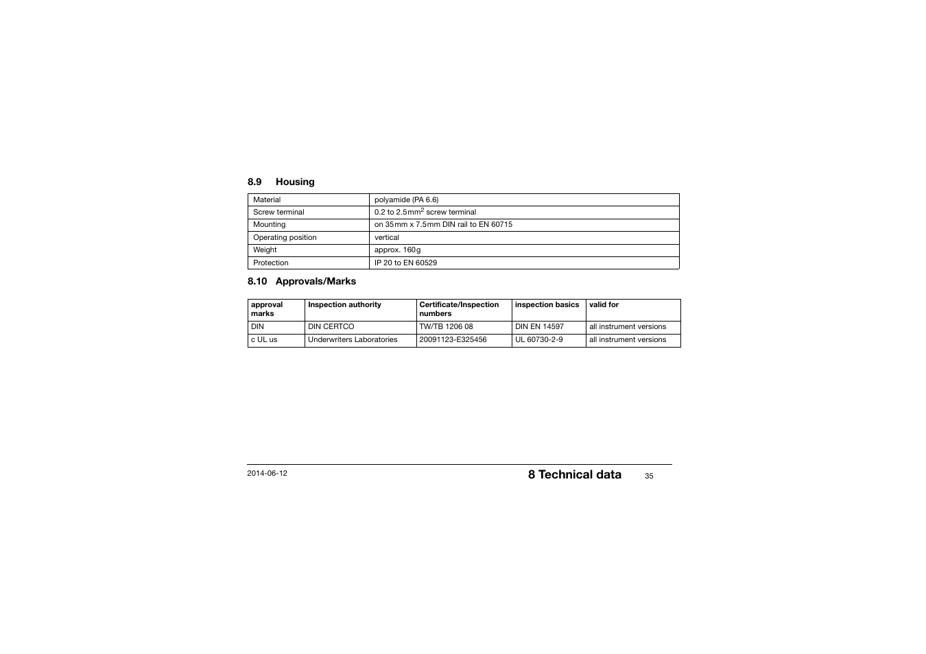 9 housing, 10 approvals/marks, Housing | 8 technical data | JUMO 14597 safetyM TB/TW - Temperature Limiter and Temperature Monitor Operating Manual User Manual | Page 37 / 52