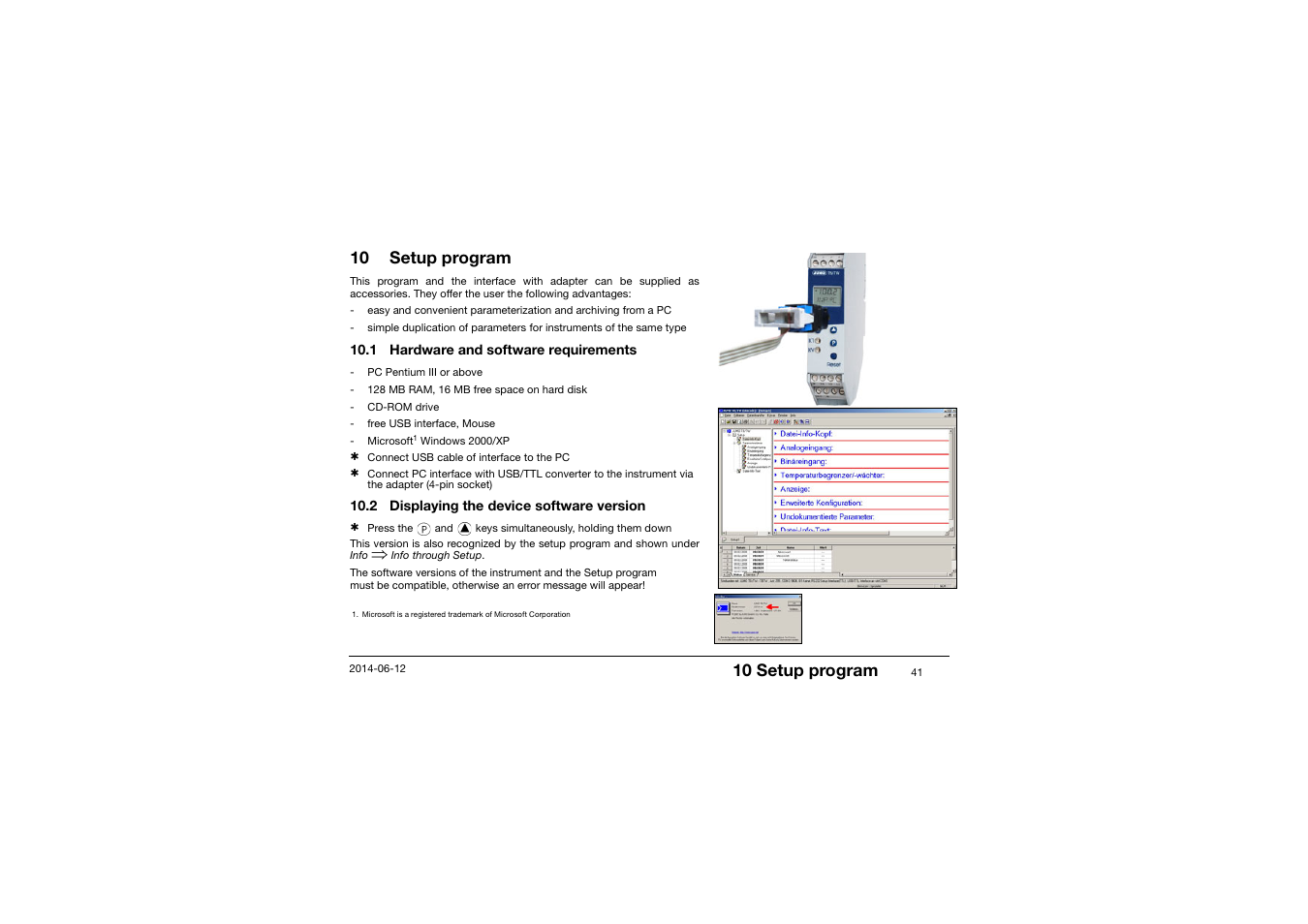 10 setup program, 1 hardware and software requirements, 2 displaying the device software version | Setup program | JUMO 14597 safetyM TB/TW - Temperature Limiter and Temperature Monitor Operating Manual User Manual | Page 43 / 52