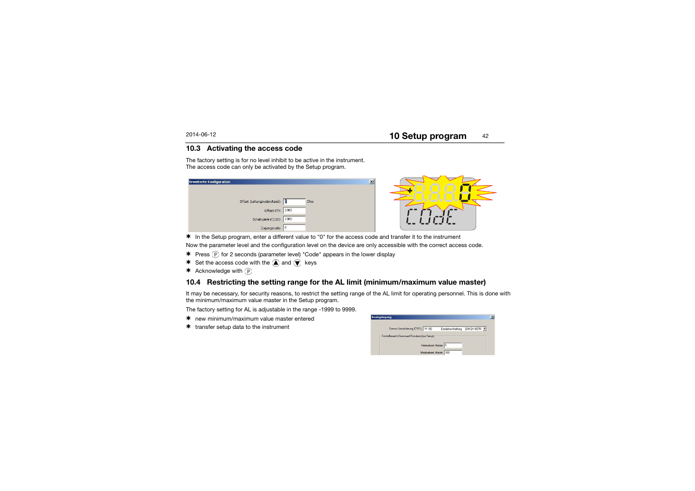3 activating the access code, 10 setup program | JUMO 14597 safetyM TB/TW - Temperature Limiter and Temperature Monitor Operating Manual User Manual | Page 44 / 52