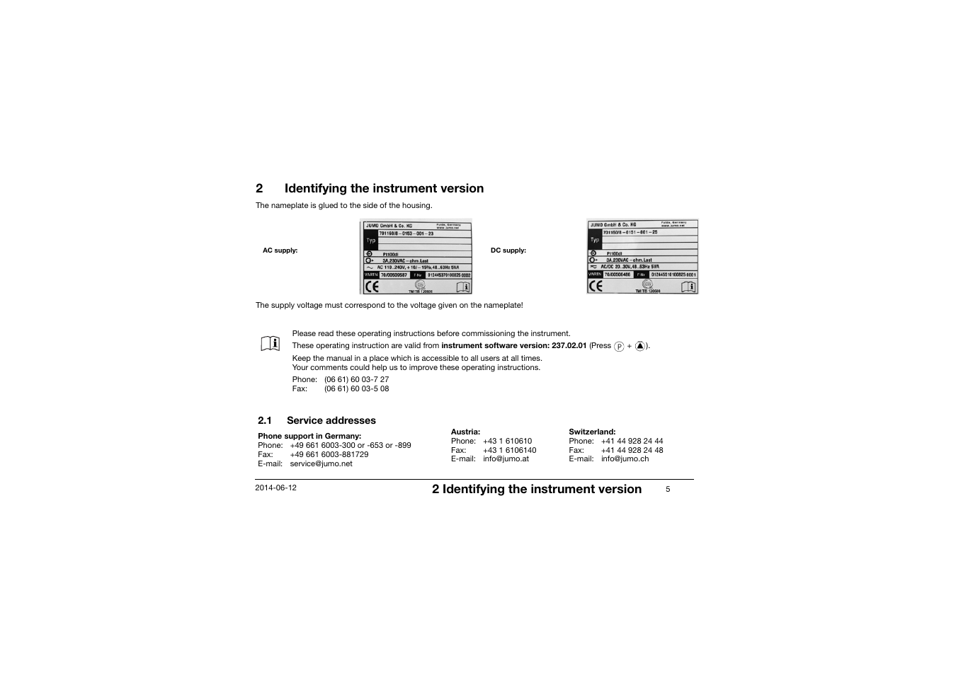 2 identifying the instrument version, 1 service addresses, Identifying the instrument version | Service addresses, 2identifying the instrument version | JUMO 14597 safetyM TB/TW - Temperature Limiter and Temperature Monitor Operating Manual User Manual | Page 7 / 52