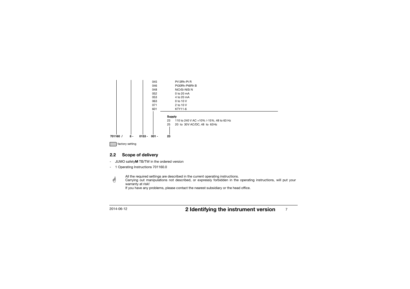 2 scope of delivery, Scope of delivery, 2 identifying the instrument version | JUMO 14597 safetyM TB/TW - Temperature Limiter and Temperature Monitor Operating Manual User Manual | Page 9 / 52