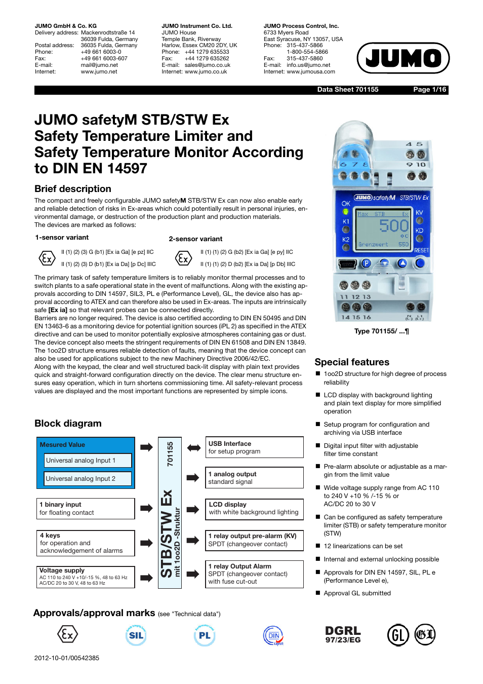 JUMO 14597 safetyM STB/STW Ex - Safety Temperature Limiter and Safety Temperature Monitor Data Sheet User Manual | 16 pages