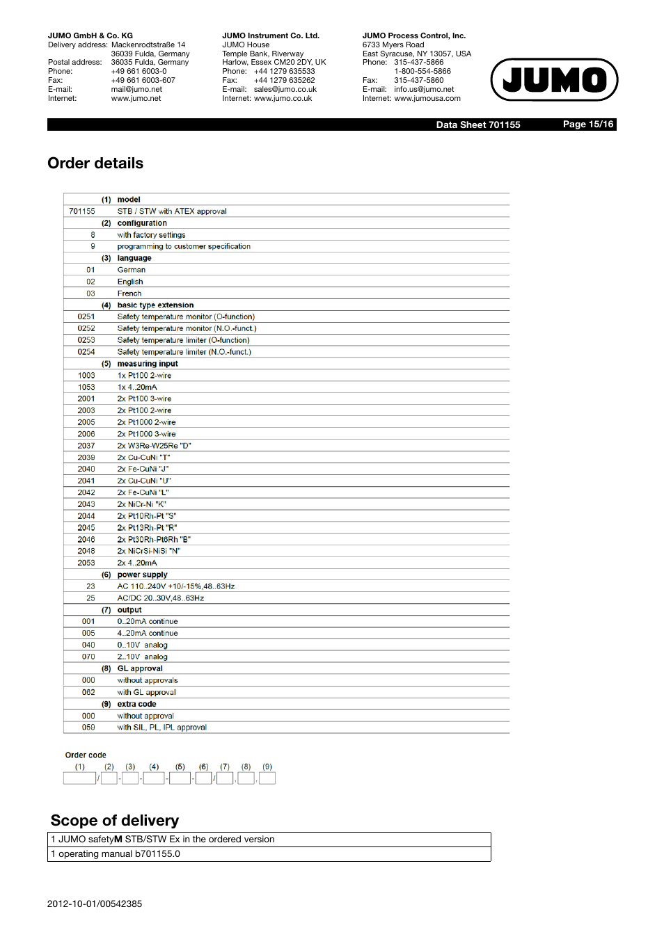 Order details scope of delivery | JUMO 14597 safetyM STB/STW Ex - Safety Temperature Limiter and Safety Temperature Monitor Data Sheet User Manual | Page 15 / 16