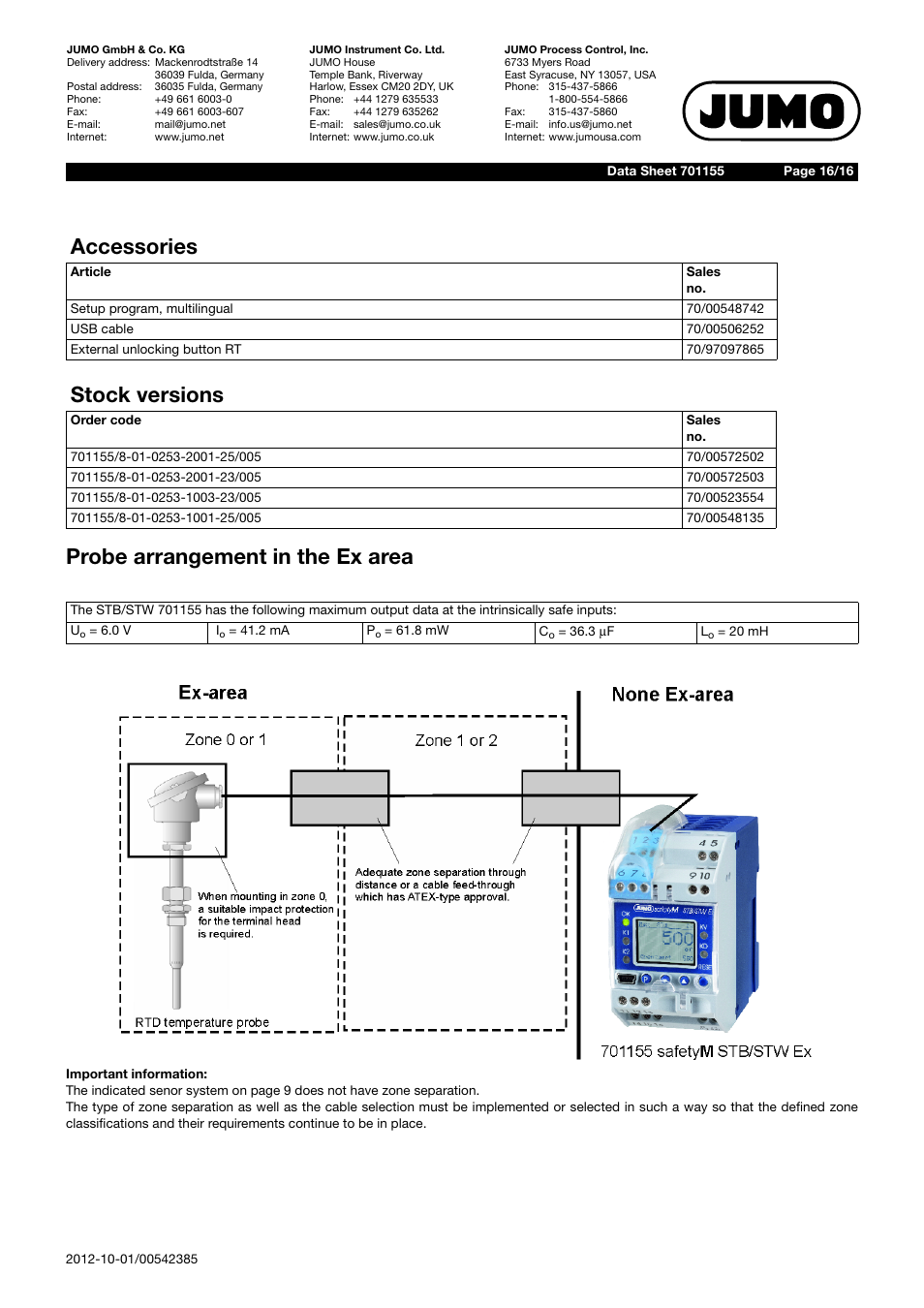 Probe arrangement in the ex area, Accessories, Stock versions | JUMO 14597 safetyM STB/STW Ex - Safety Temperature Limiter and Safety Temperature Monitor Data Sheet User Manual | Page 16 / 16