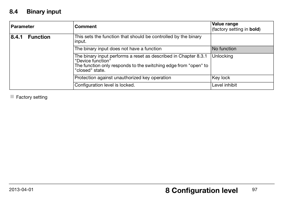 8 configuration level, 4 binary input | JUMO 14597 safetyM STB/STW Ex - Safety Temperature Limiter and Safety Temperature Monitor Operating Manual User Manual | Page 103 / 144