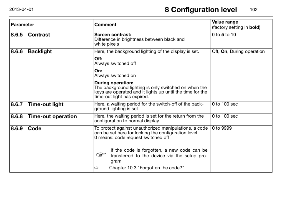 5 contrast, 6 backlight, 7 time-out light | 8 time-out operation, 9 code, Contrast, Backlight, Time-out light, Time-out operation, Code | JUMO 14597 safetyM STB/STW Ex - Safety Temperature Limiter and Safety Temperature Monitor Operating Manual User Manual | Page 108 / 144