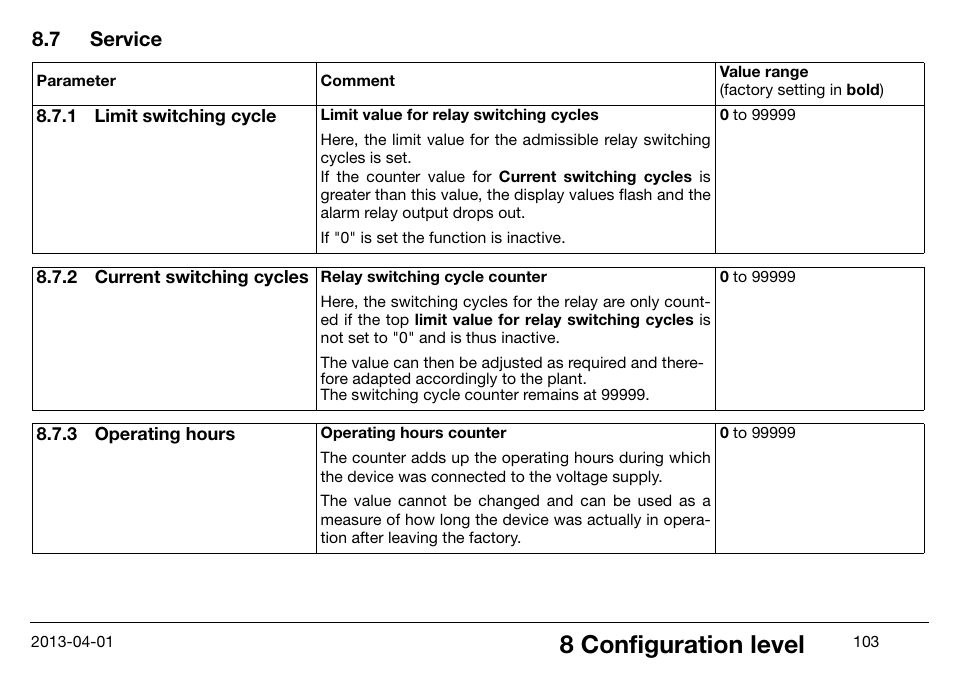 7 service, 1 limit switching cycle, 2 current switching cycles | 3 operating hours, Service, Limit switching cycle, Current switching cycles, Operating hours, 8 configuration level | JUMO 14597 safetyM STB/STW Ex - Safety Temperature Limiter and Safety Temperature Monitor Operating Manual User Manual | Page 109 / 144