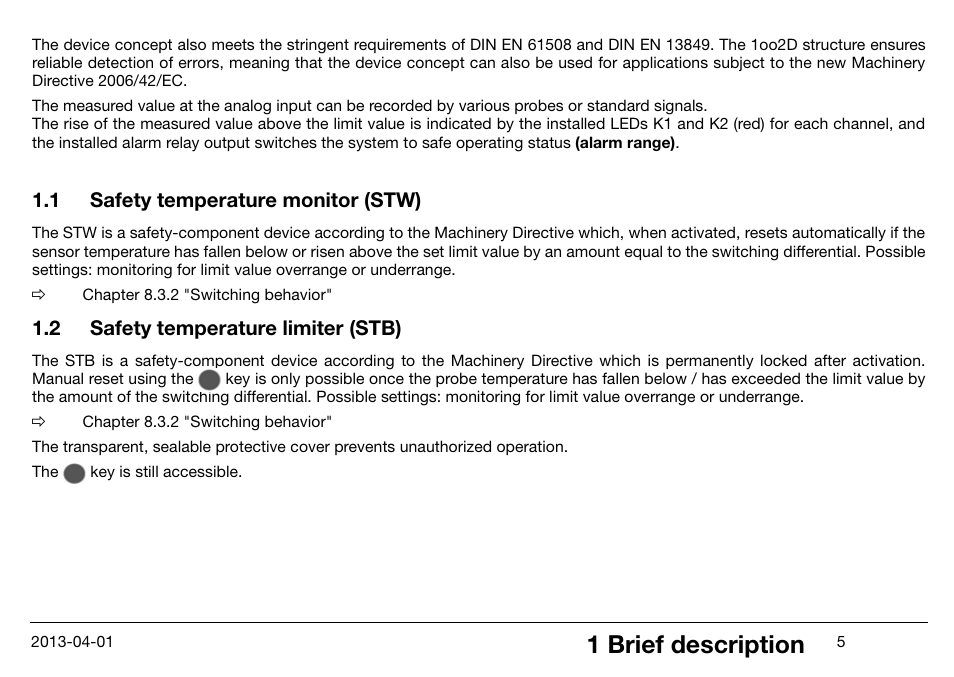 1 safety temperature monitor (stw), 2 safety temperature limiter (stb), Safety temperature monitor (stw) | Safety temperature limiter (stb), 1 brief description | JUMO 14597 safetyM STB/STW Ex - Safety Temperature Limiter and Safety Temperature Monitor Operating Manual User Manual | Page 11 / 144