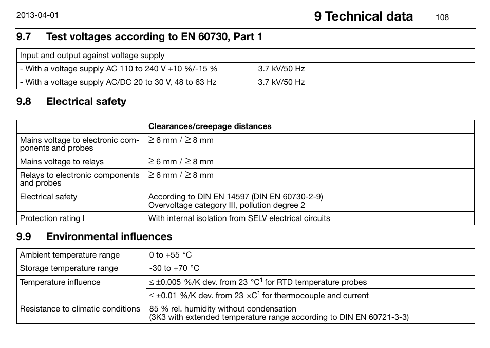 7 test voltages according to en 60730, part 1, 8 electrical safety, 9 environmental influences | Test voltages according to en 60730, part 1, Electrical safety, Environmental influences, 9 technical data | JUMO 14597 safetyM STB/STW Ex - Safety Temperature Limiter and Safety Temperature Monitor Operating Manual User Manual | Page 114 / 144