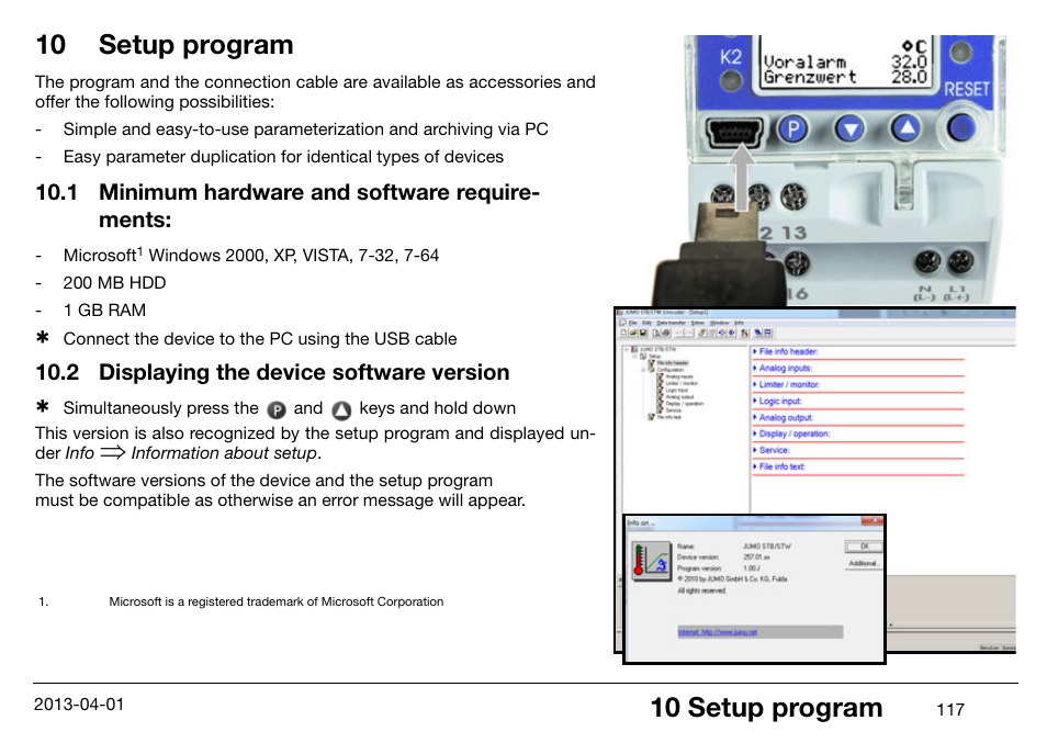 10 setup program, 1 minimum hardware and software requirements, 2 displaying the device software version | Setup program, Minimum hardware and software requirements, Displaying the device software version, 1 minimum hardware and software require- ments | JUMO 14597 safetyM STB/STW Ex - Safety Temperature Limiter and Safety Temperature Monitor Operating Manual User Manual | Page 123 / 144