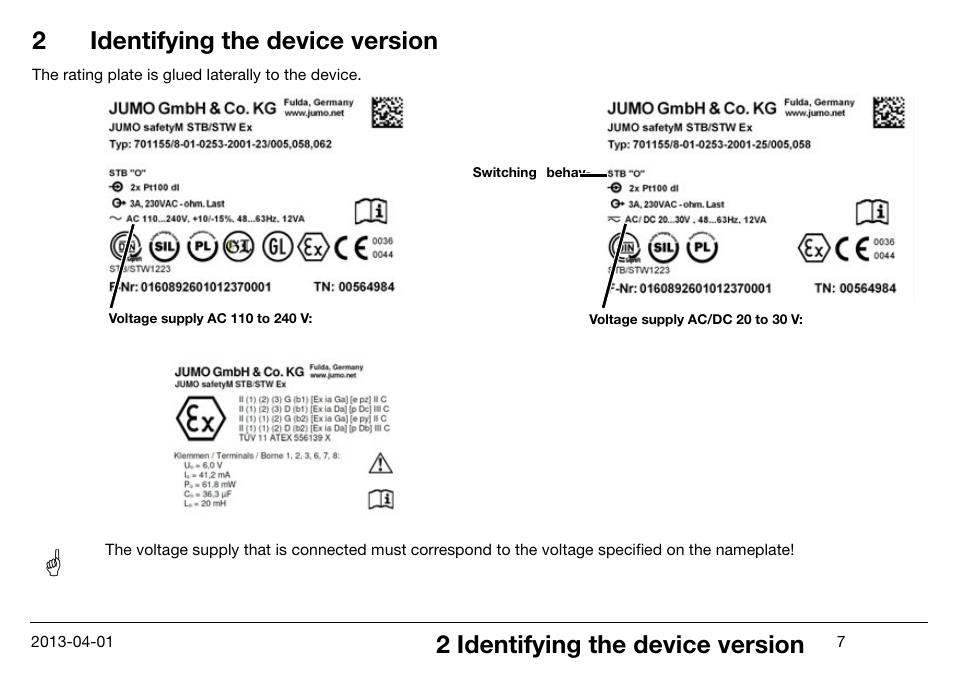 2 identifying the device version, Identifying the device version, 2identifying the device version | JUMO 14597 safetyM STB/STW Ex - Safety Temperature Limiter and Safety Temperature Monitor Operating Manual User Manual | Page 13 / 144