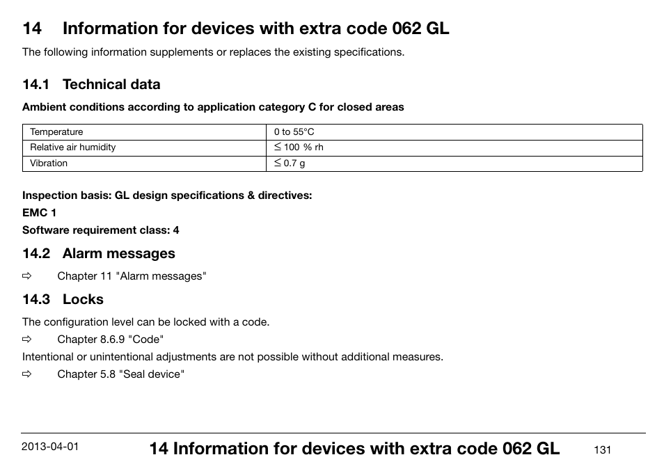 14 information for devices with extra code 062 gl, 1 technical data, 2 alarm messages | 3 locks, Information for devices with extra code 062 gl, Technical data, Alarm messages, Locks | JUMO 14597 safetyM STB/STW Ex - Safety Temperature Limiter and Safety Temperature Monitor Operating Manual User Manual | Page 137 / 144