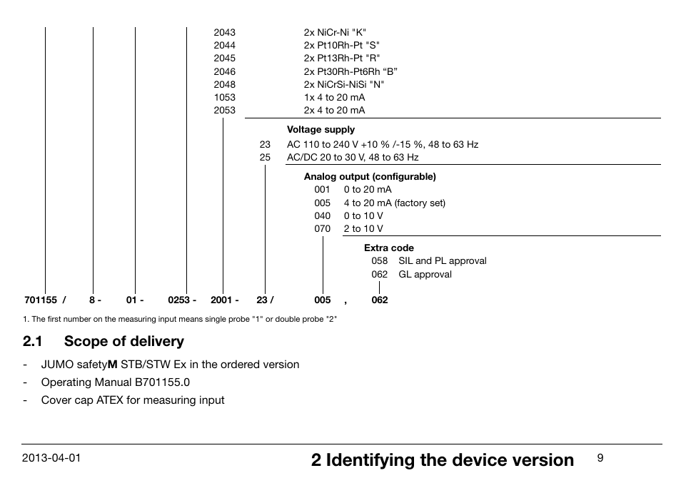 1 scope of delivery, Scope of delivery, 2 identifying the device version | JUMO 14597 safetyM STB/STW Ex - Safety Temperature Limiter and Safety Temperature Monitor Operating Manual User Manual | Page 15 / 144