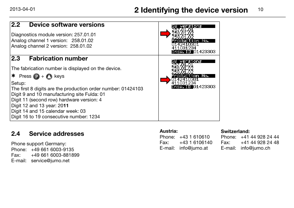 2 device software versions, 3 fabrication number, 4 service addresses | Device software versions, Fabrication number, Service addresses, 2 identifying the device version | JUMO 14597 safetyM STB/STW Ex - Safety Temperature Limiter and Safety Temperature Monitor Operating Manual User Manual | Page 16 / 144