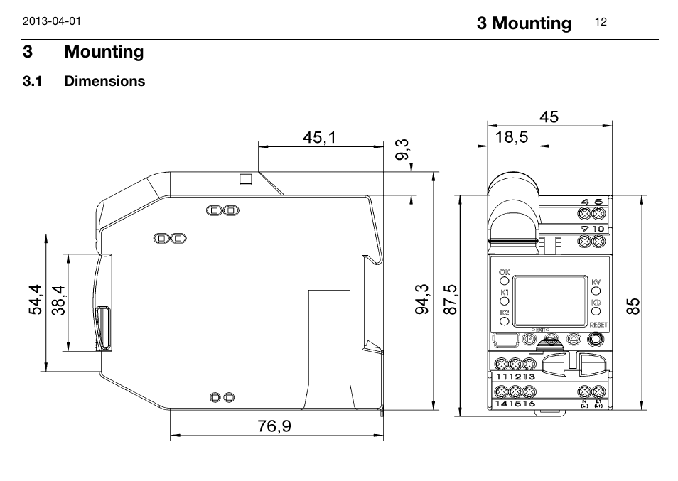 3 mounting, 1 dimensions, Mounting | Dimensions, 3mounting | JUMO 14597 safetyM STB/STW Ex - Safety Temperature Limiter and Safety Temperature Monitor Operating Manual User Manual | Page 18 / 144