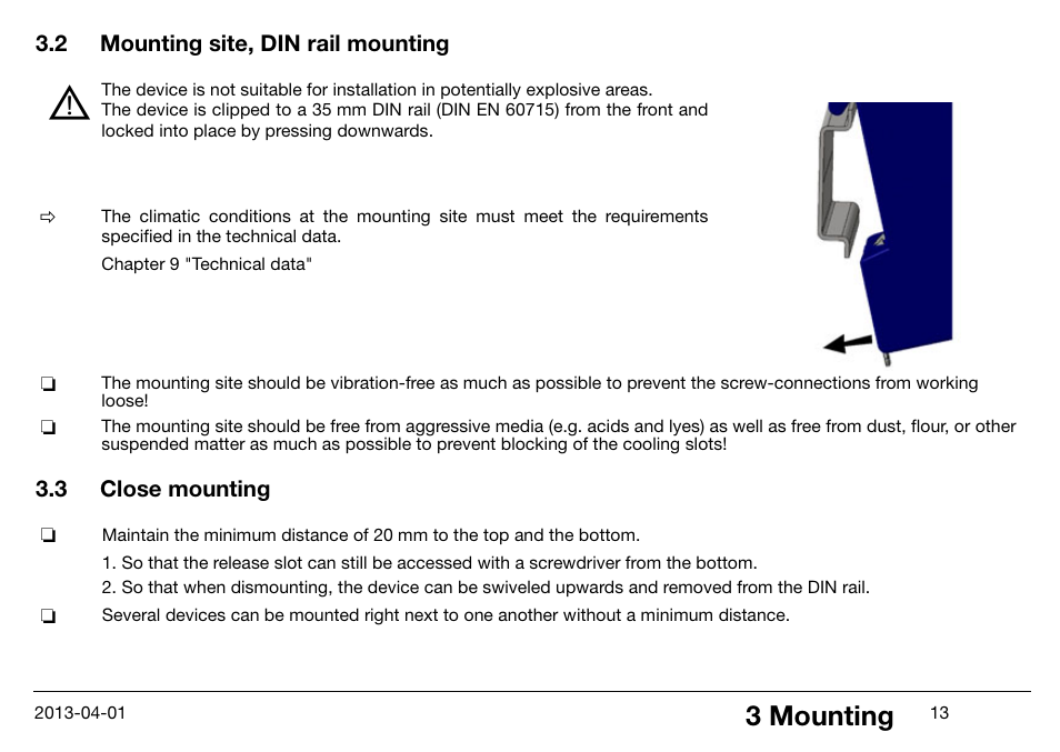 2 mounting site, din rail mounting, 3 close mounting, Mounting site, din rail mounting | Close mounting, 3 mounting | JUMO 14597 safetyM STB/STW Ex - Safety Temperature Limiter and Safety Temperature Monitor Operating Manual User Manual | Page 19 / 144