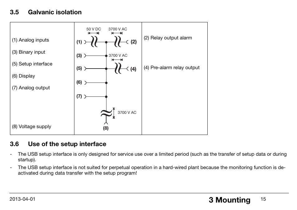 5 galvanic isolation, 6 use of the setup interface, Galvanic isolation | Use of the setup interface, 3 mounting | JUMO 14597 safetyM STB/STW Ex - Safety Temperature Limiter and Safety Temperature Monitor Operating Manual User Manual | Page 21 / 144