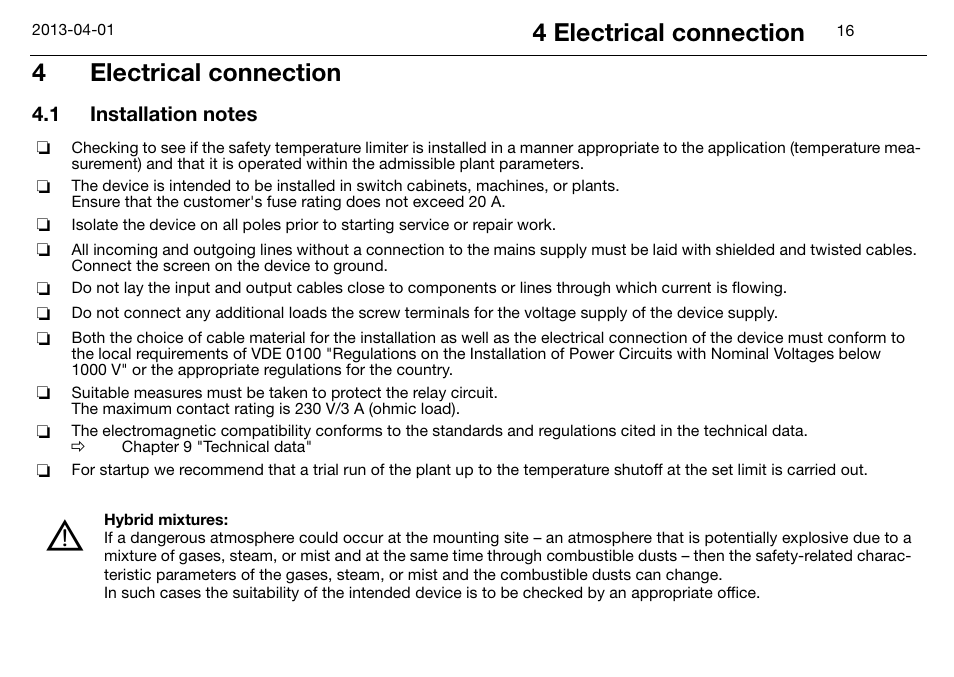 4 electrical connection, 1 installation notes, Electrical connection | Installation notes, 4electrical connection | JUMO 14597 safetyM STB/STW Ex - Safety Temperature Limiter and Safety Temperature Monitor Operating Manual User Manual | Page 22 / 144