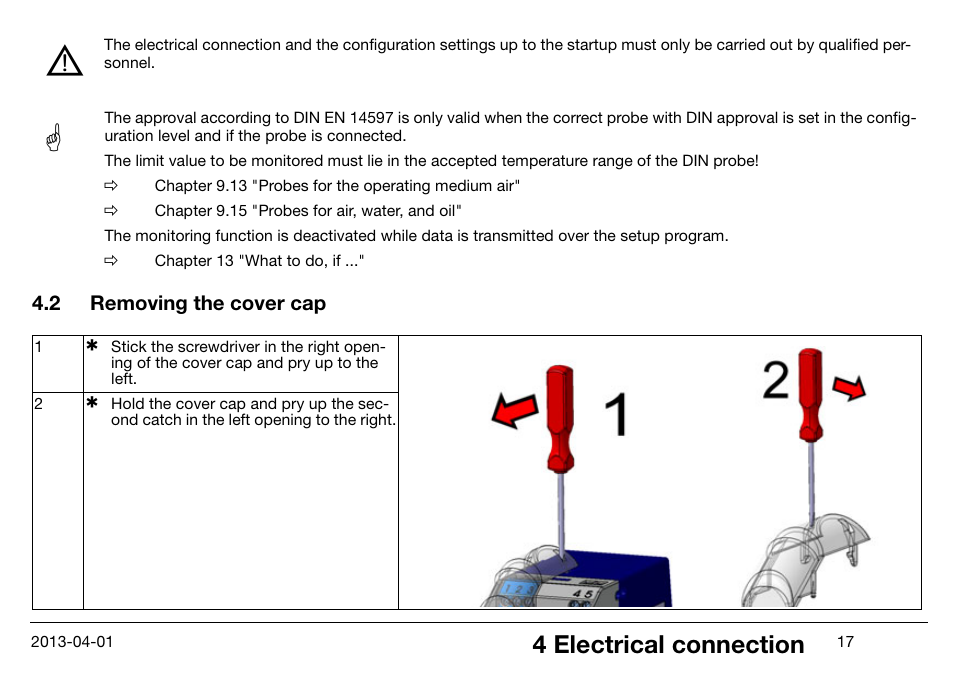 2 removing the cover cap, Removing the cover cap, 4 electrical connection | JUMO 14597 safetyM STB/STW Ex - Safety Temperature Limiter and Safety Temperature Monitor Operating Manual User Manual | Page 23 / 144