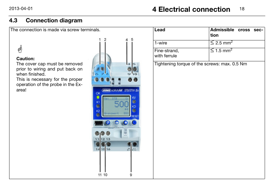 3 connection diagram, Connection diagram, 4 electrical connection | JUMO 14597 safetyM STB/STW Ex - Safety Temperature Limiter and Safety Temperature Monitor Operating Manual User Manual | Page 24 / 144