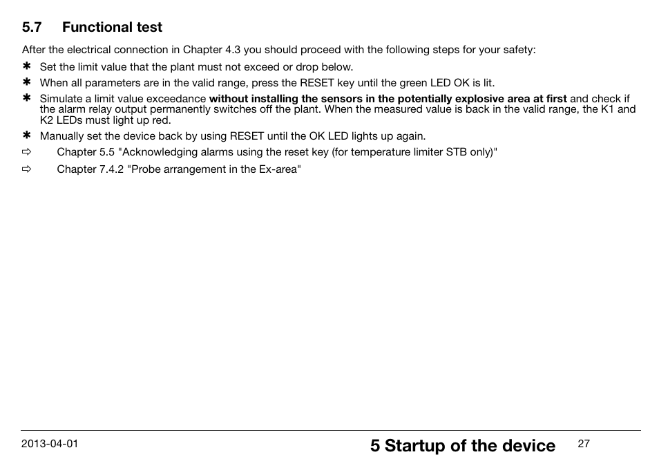 7 functional test, Functional test, 5 startup of the device | JUMO 14597 safetyM STB/STW Ex - Safety Temperature Limiter and Safety Temperature Monitor Operating Manual User Manual | Page 33 / 144