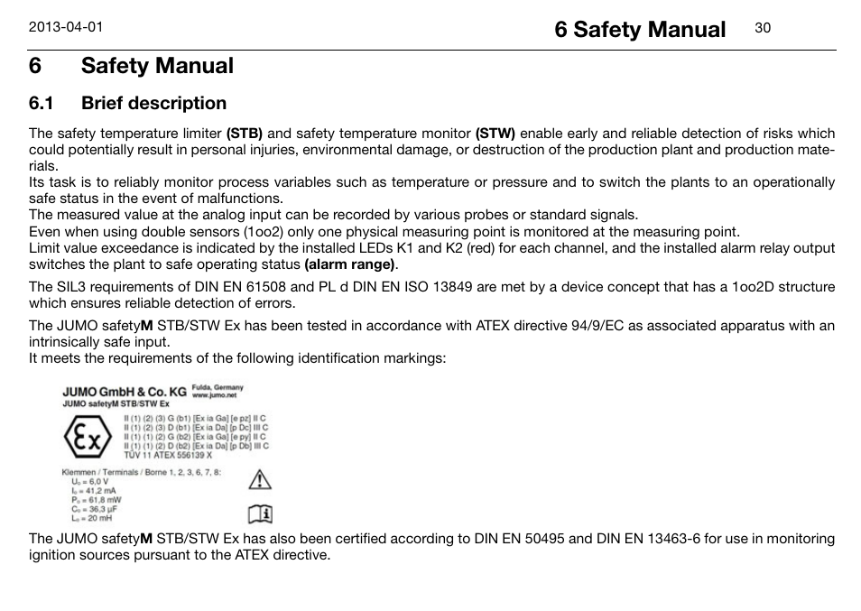 6 safety manual, 1 brief description, Safety manual | Brief description, 6safety manual | JUMO 14597 safetyM STB/STW Ex - Safety Temperature Limiter and Safety Temperature Monitor Operating Manual User Manual | Page 36 / 144