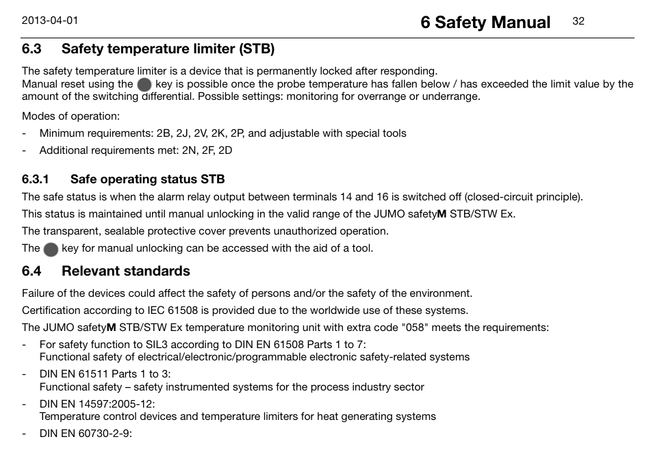 3 safety temperature limiter (stb), 1 safe operating status stb, Safety temperature limiter (stb) | Safe operating status stb, 6 safety manual, 4 relevant standards | JUMO 14597 safetyM STB/STW Ex - Safety Temperature Limiter and Safety Temperature Monitor Operating Manual User Manual | Page 38 / 144